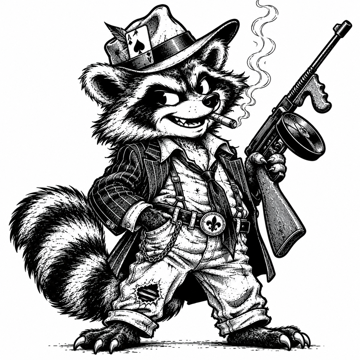 Black-and-white vintage cartoon illustration of Clyde “Coon Show Fur,” a gangster raccoon wearing a fedora with an ace of spades, smoking a cigar, and holding a Thompson submachine gun with a drum magazine.