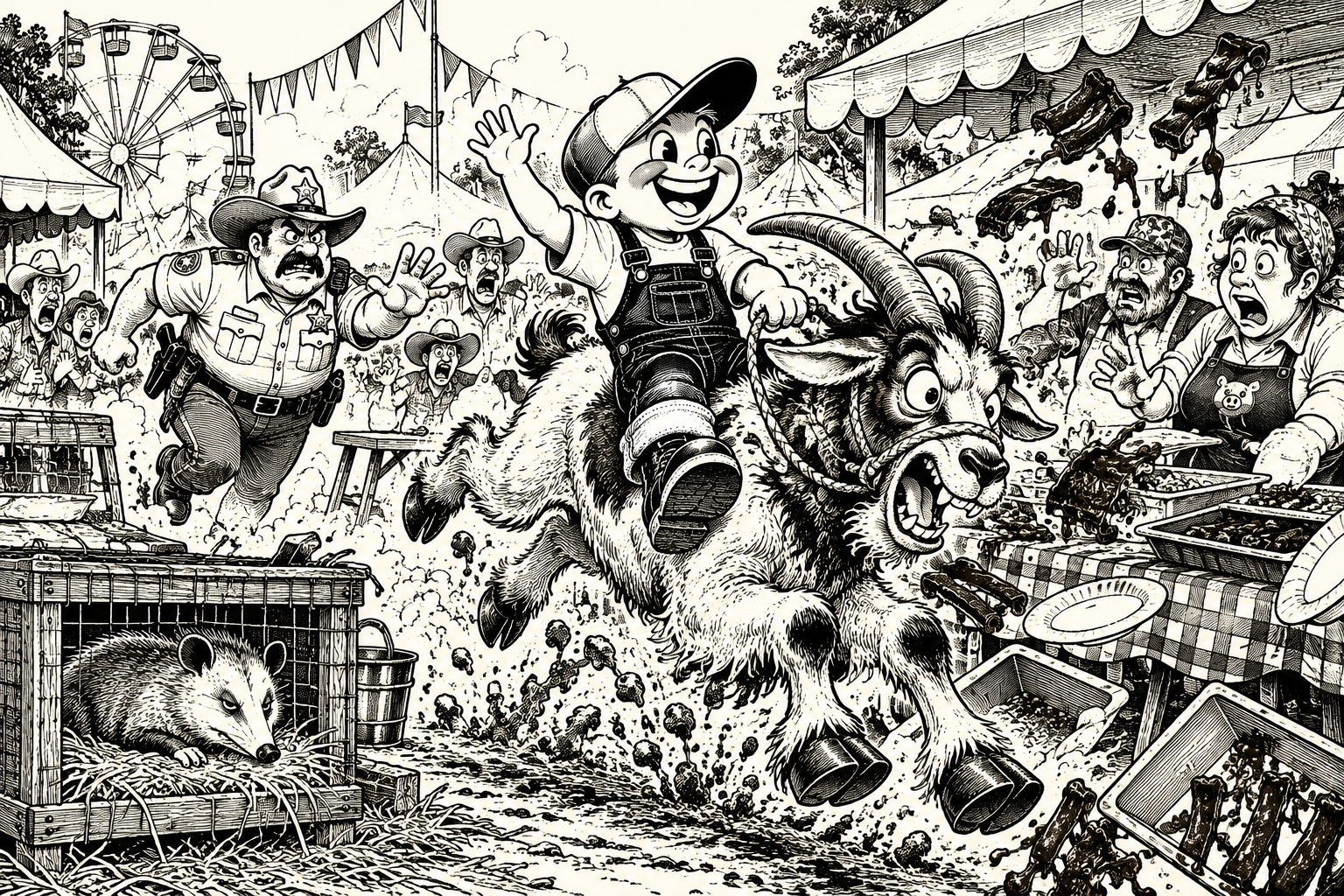 Black-and-white Lil Hoss illustration for The Great Katy Bill Possum Scandal