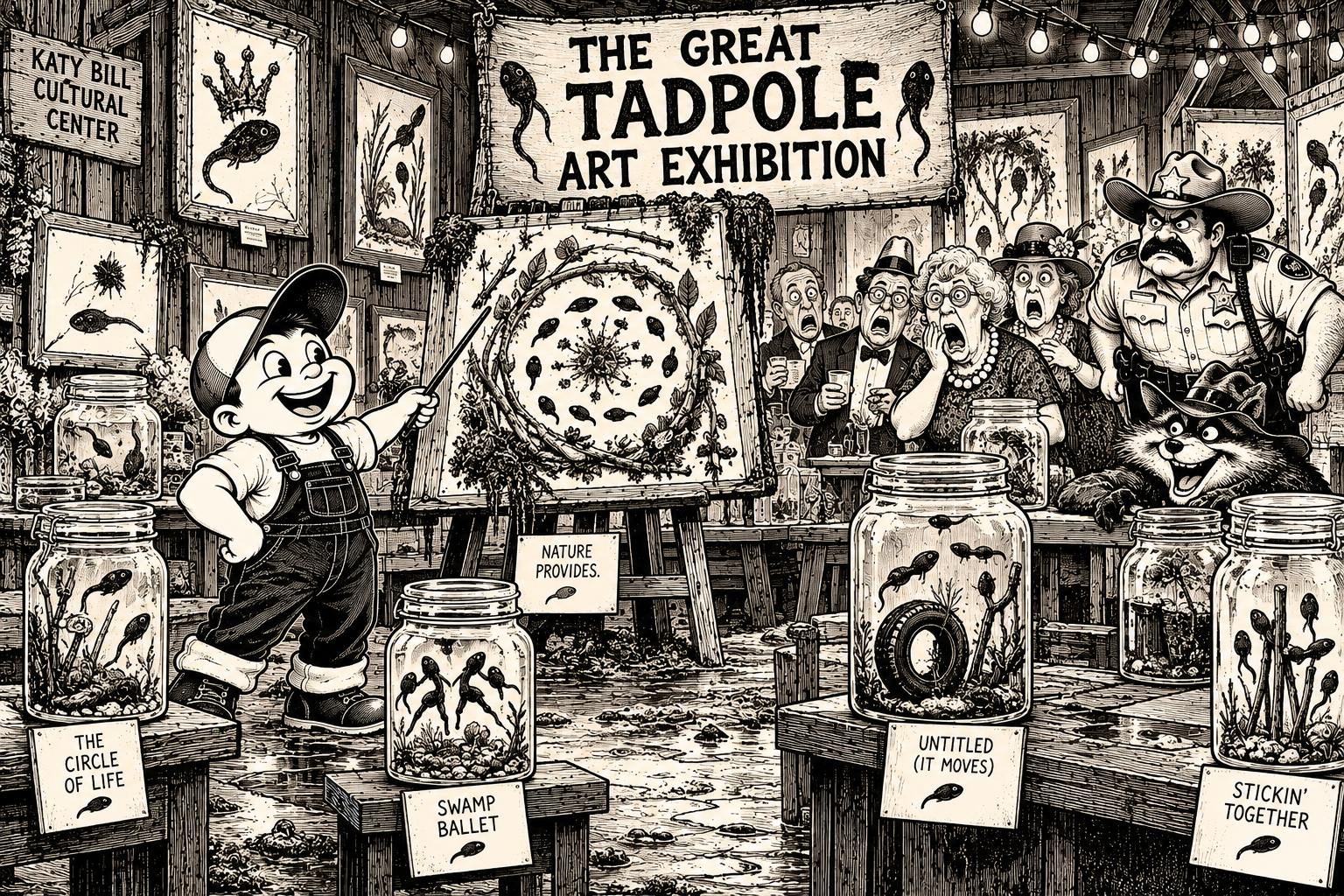 Black-and-white illustrated scene from Tales of Lil Hoss: The Great Tadpole Art Exhibition